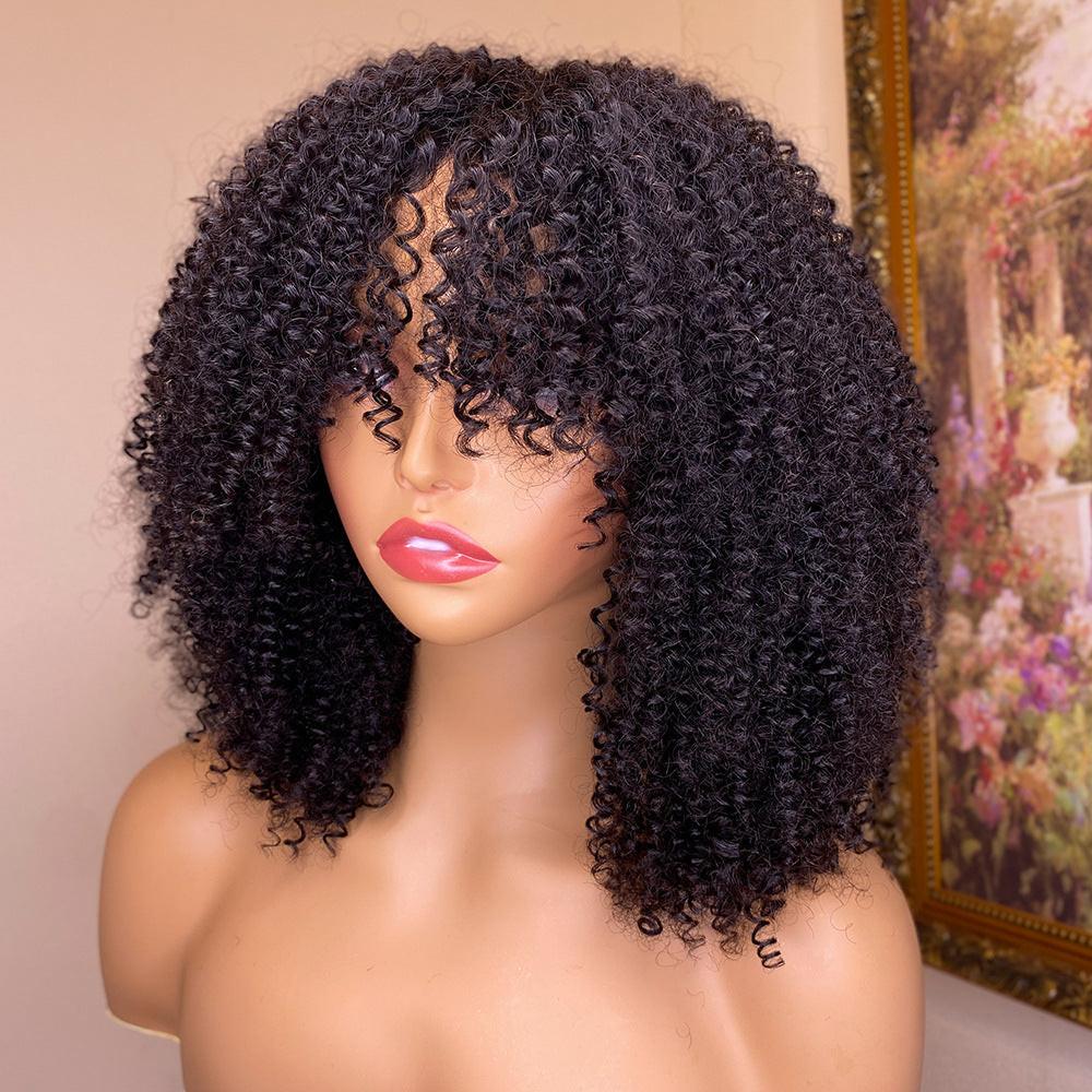 Kinky Curly Human Hair Wigs With Bangs.