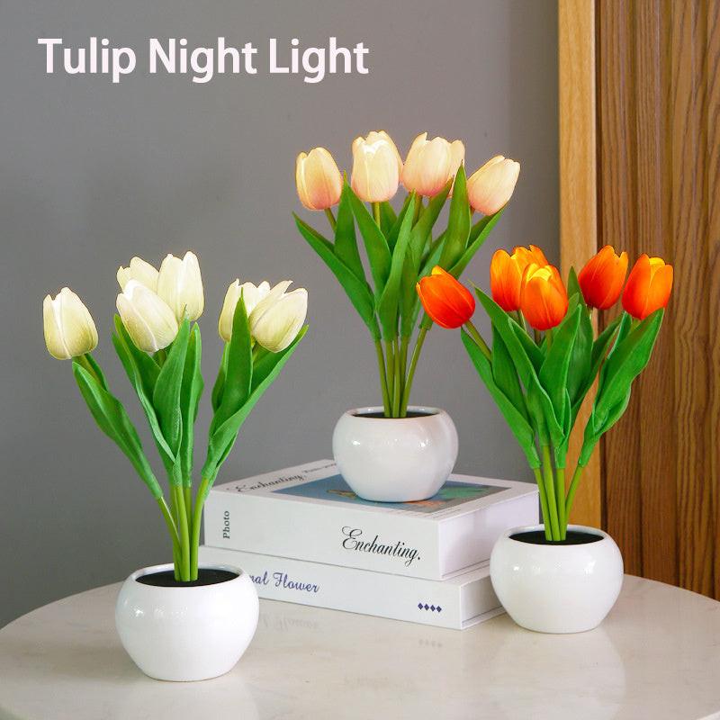 LED Tulip Flower Night Light Artificial Flowerpot Potted Plant Landscape Table Lamp Home Bedroom Living Room Decoration Gift.