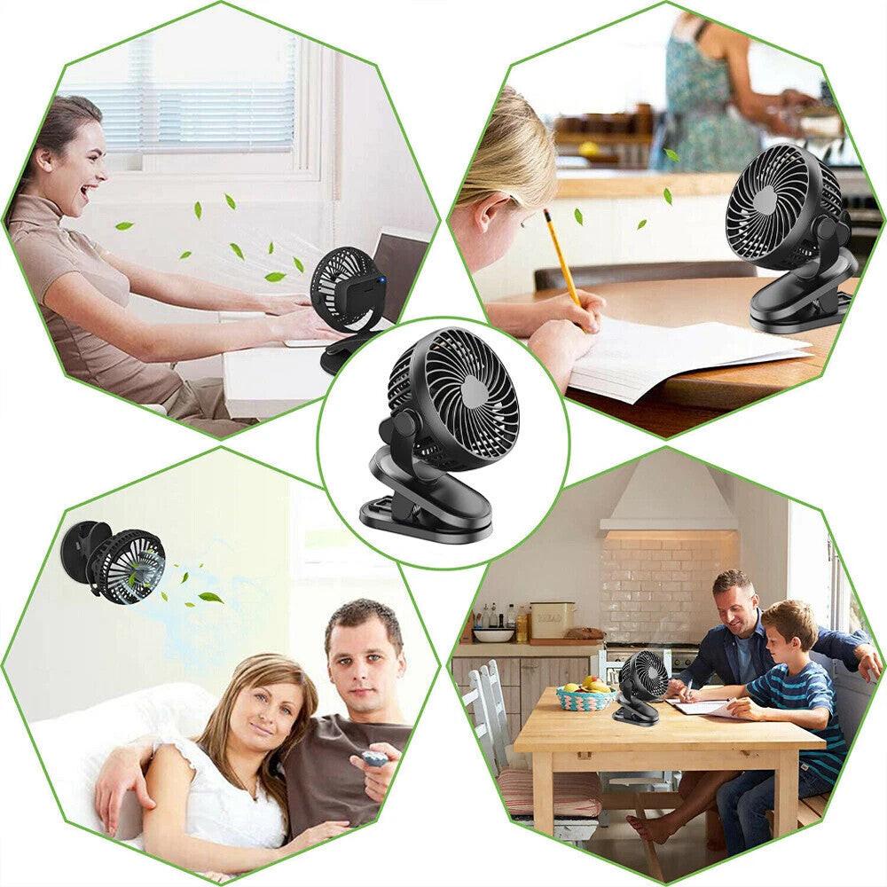 3 Speeds Mini Cooling Fan USB Rechargeable Clip On Desk Baby Stroller Portable.