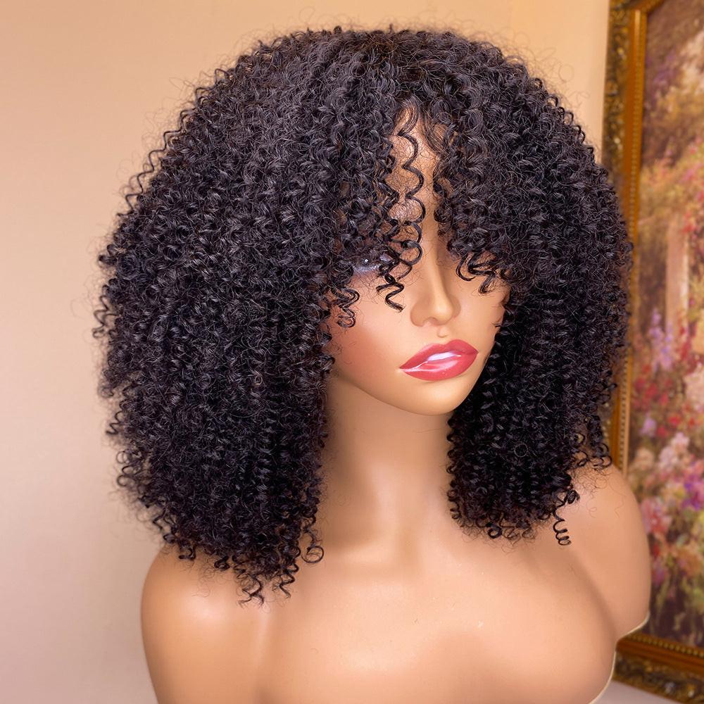 Kinky Curly Human Hair Wigs With Bangs.