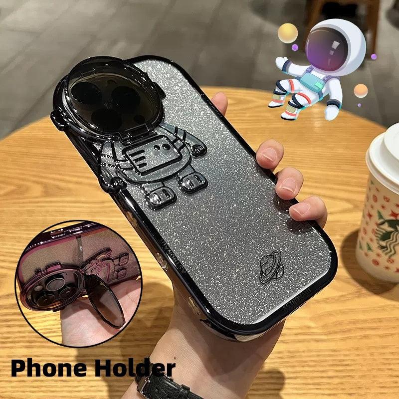 Glitter Astronaut Camera Stand Phone Case For I14 13 12 11 Pro Max XR 14 Plus Invisible Lens Bracket Plating Soft Cover.