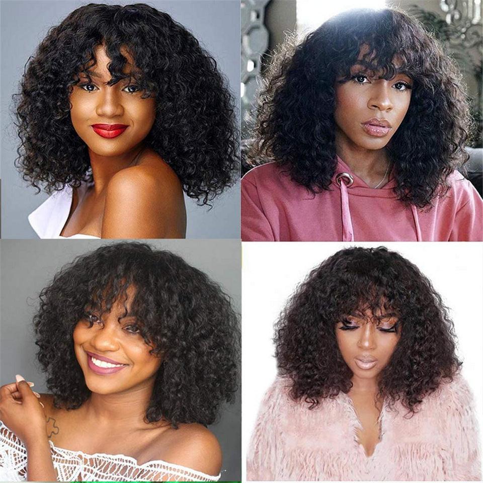 Kinky Curly Human Hair Wigs With Bangs.