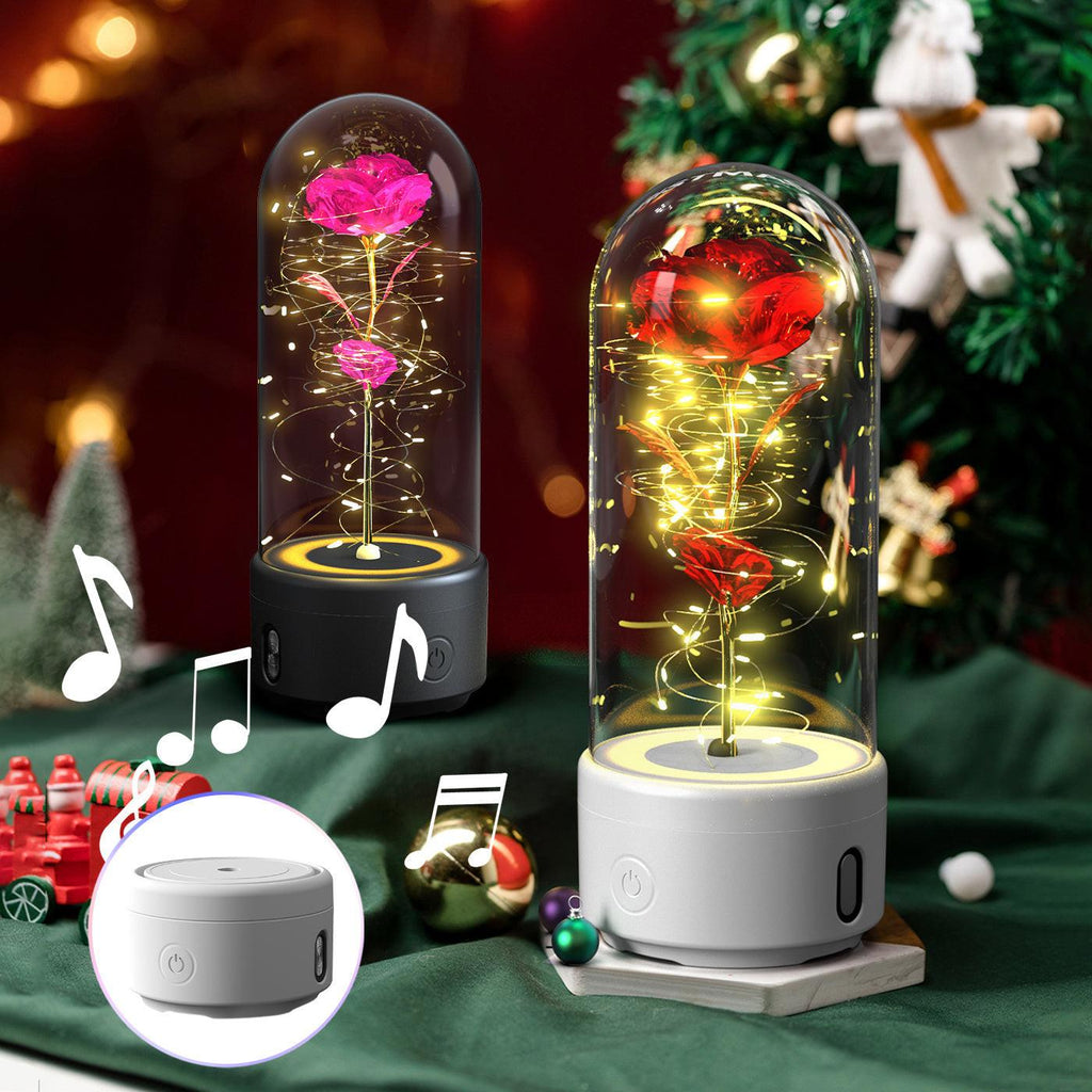 Creative 2 In 1 Rose Flowers LED Light And Bluetooth-compatible Speaker Valentine's Day Gift Rose Luminous Night Light Ornament In Glass Cover.