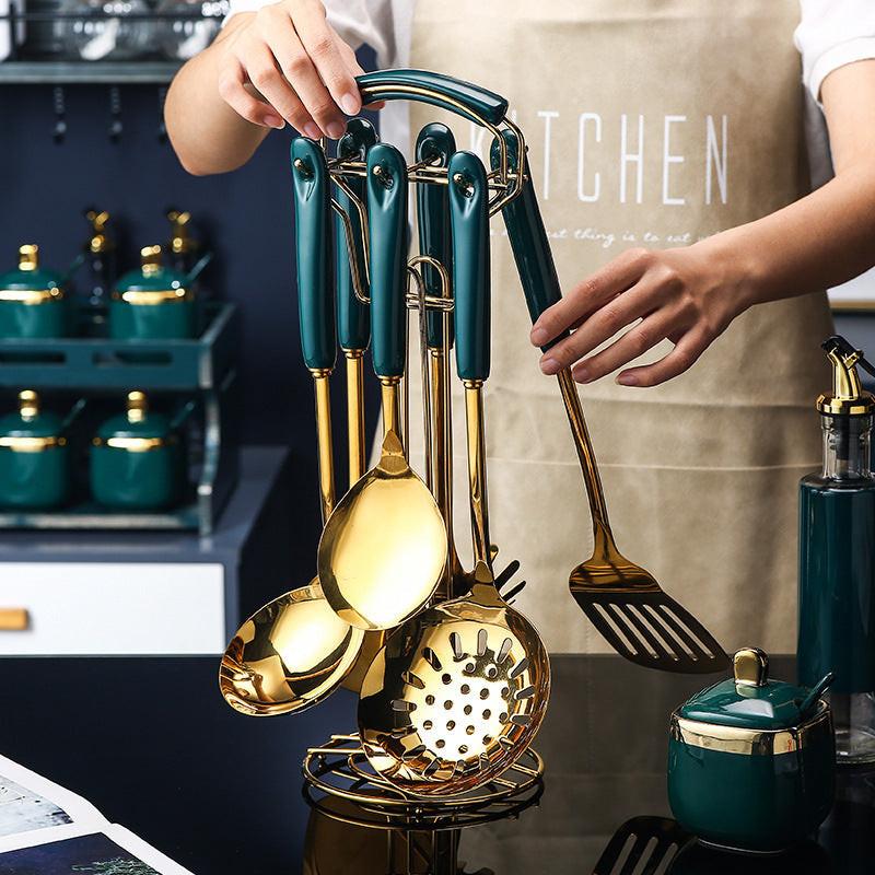 7 PCS Stainless Steel Silicone Kitchen Utensil Slotted Spatula Turner Ladle Serving Spoon Pasta Server Cooking Set.