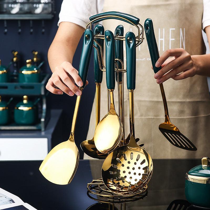 7 PCS Stainless Steel Silicone Kitchen Utensil Slotted Spatula Turner Ladle Serving Spoon Pasta Server Cooking Set.