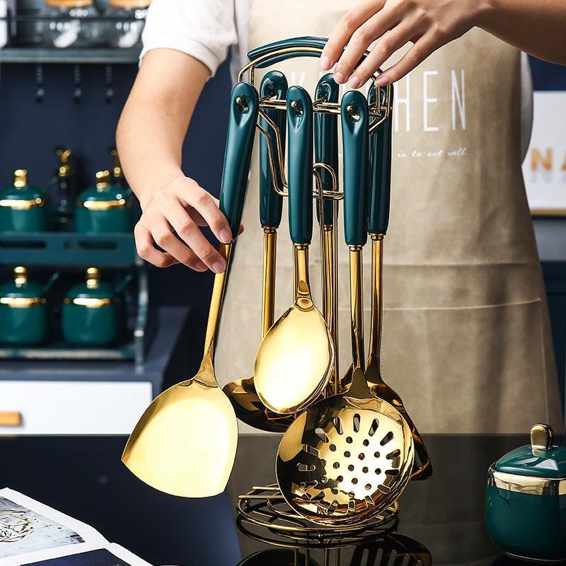 7 PCS Stainless Steel Silicone Kitchen Utensil Slotted Spatula Turner Ladle Serving Spoon Pasta Server Cooking Set.