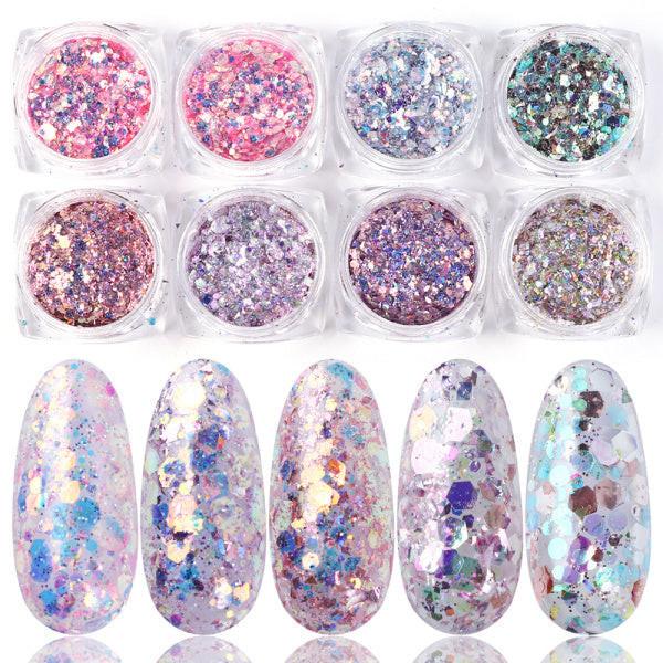 8 Box Mix Glitter Nail Art Powder Flakes Set.