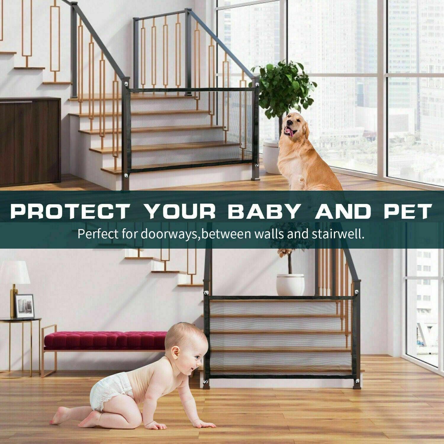 Pets Dog Cat Baby Safety Gate Mesh Fence Magic Portable Guard Net Stairs Doors.