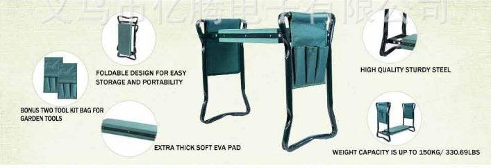 Foldable Outdoor Lawn Bench Chair With Tool Pouch Garden Rest.