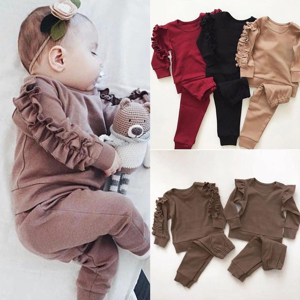 Newborn Baby Boys Girls Ruffles Jumper Solid Long Sleeve Sweatshirt Tops Pants Infant Kids 2Pcs Outfits Clothes Set Fall Clothes.