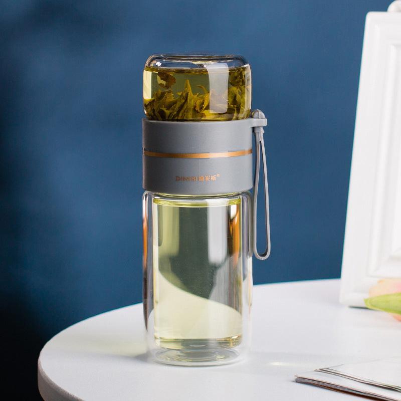 Glass Water Bottle With Tea Infuser Filter Tea Separation Double Wall Glass Bottle Leakproof Water Bottle.