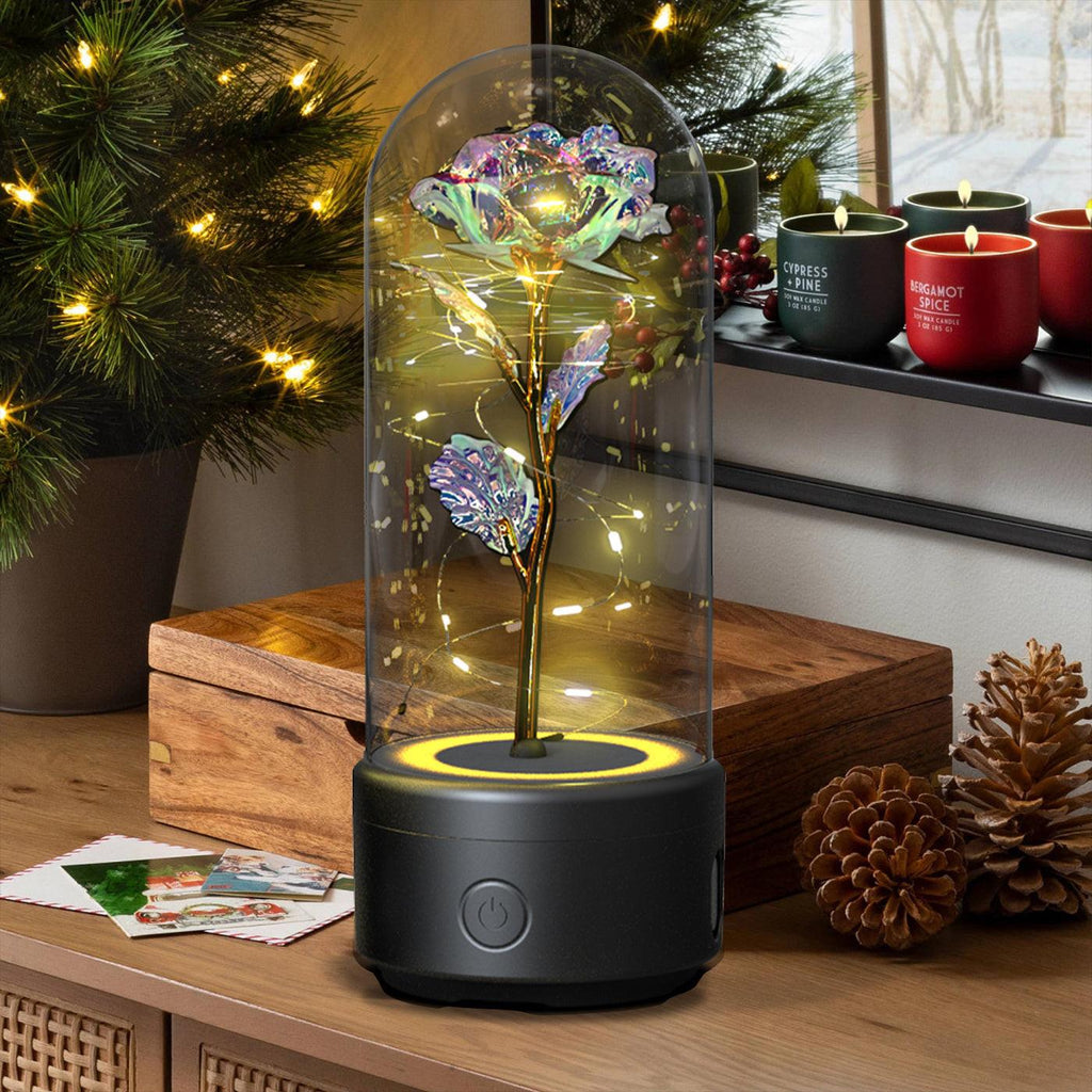 Creative 2 In 1 Rose Flowers LED Light And Bluetooth-compatible Speaker Valentine's Day Gift Rose Luminous Night Light Ornament In Glass Cover.