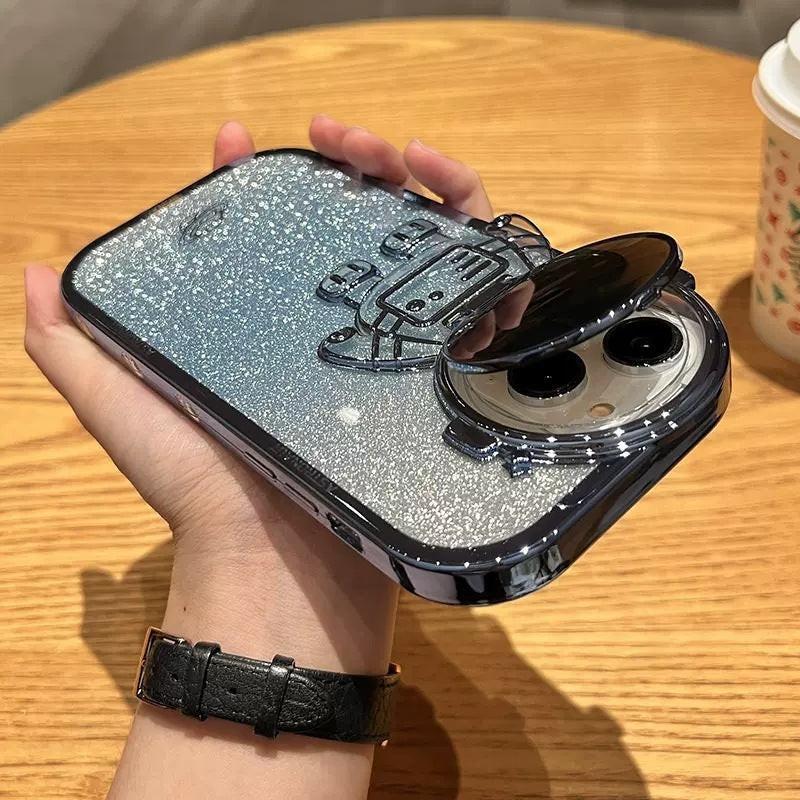 Glitter Astronaut Camera Stand Phone Case For I14 13 12 11 Pro Max XR 14 Plus Invisible Lens Bracket Plating Soft Cover.