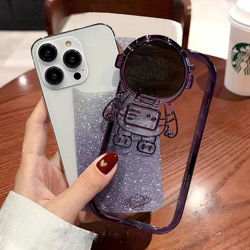 Glitter Astronaut Camera Stand Phone Case For I14 13 12 11 Pro Max XR 14 Plus Invisible Lens Bracket Plating Soft Cover.