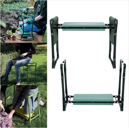 Foldable Outdoor Lawn Bench Chair With Tool Pouch Garden Rest.