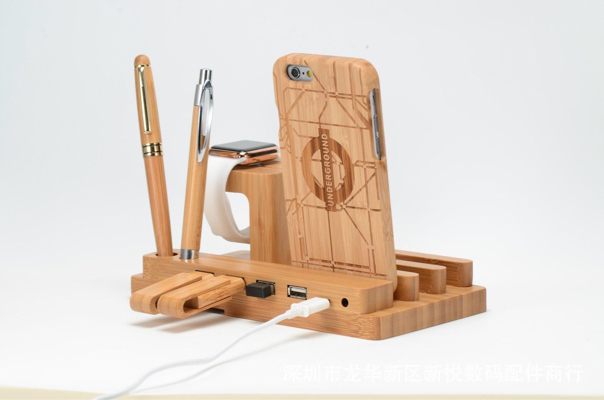 Compatible with Apple , Bamboo, wood andMobile applewatch bracket charging wooden bracket multi-function flat cell phone base.