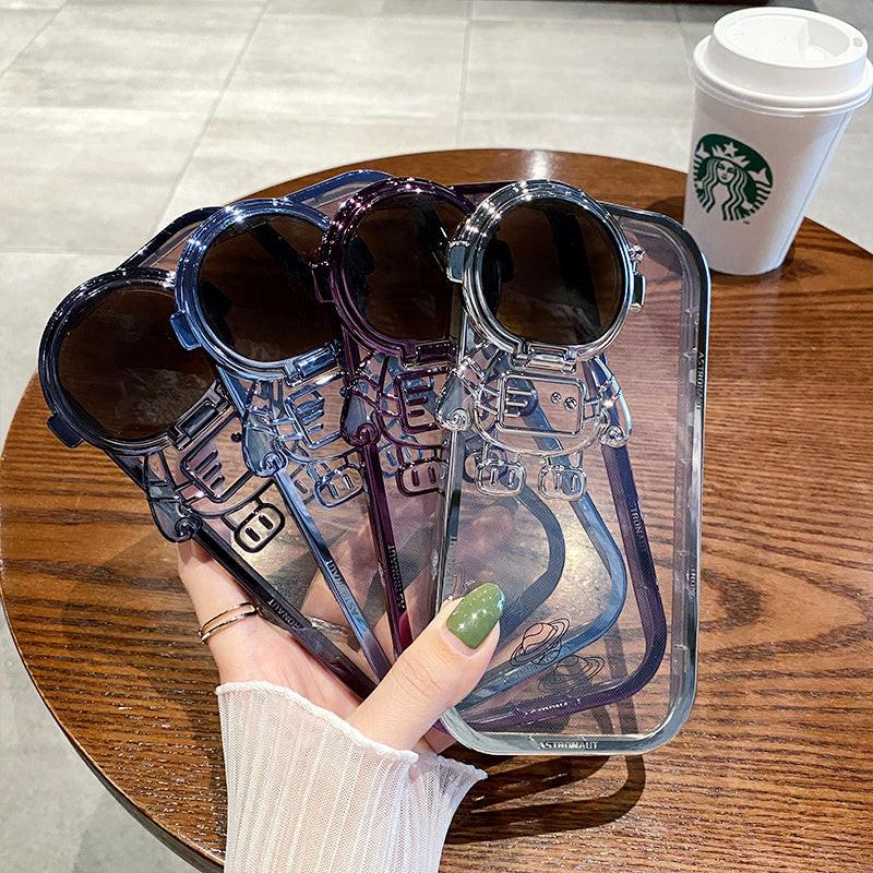 Glitter Astronaut Camera Stand Phone Case For I14 13 12 11 Pro Max XR 14 Plus Invisible Lens Bracket Plating Soft Cover.