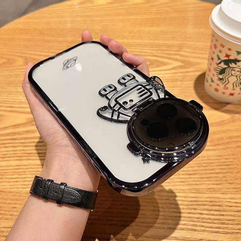 Glitter Astronaut Camera Stand Phone Case For I14 13 12 11 Pro Max XR 14 Plus Invisible Lens Bracket Plating Soft Cover.