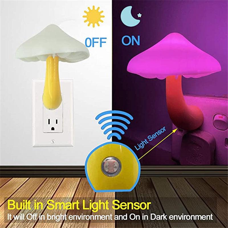 LED Night Light Mushroom Wall Socket Lamp EU US Plug Warm White Light-control Sensor Bedroom Light Home Decoration.
