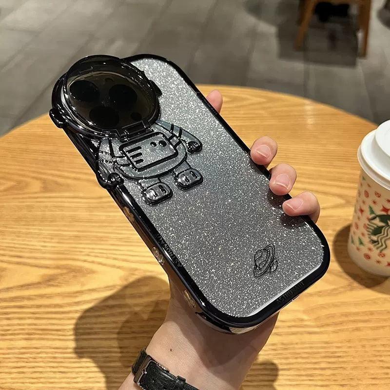 Glitter Astronaut Camera Stand Phone Case For I14 13 12 11 Pro Max XR 14 Plus Invisible Lens Bracket Plating Soft Cover.