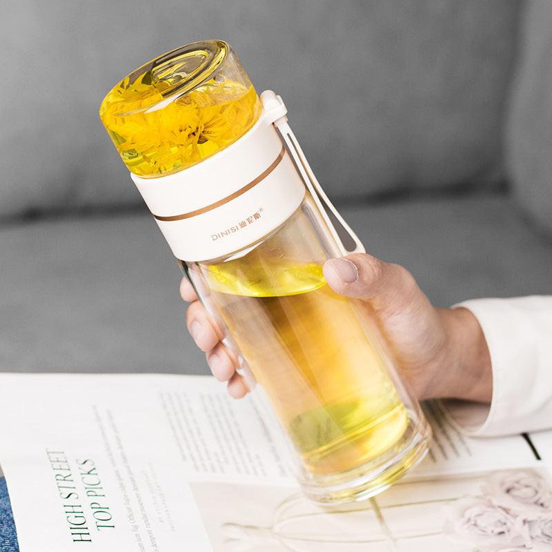 Glass Water Bottle With Tea Infuser Filter Tea Separation Double Wall Glass Bottle Leakproof Water Bottle.