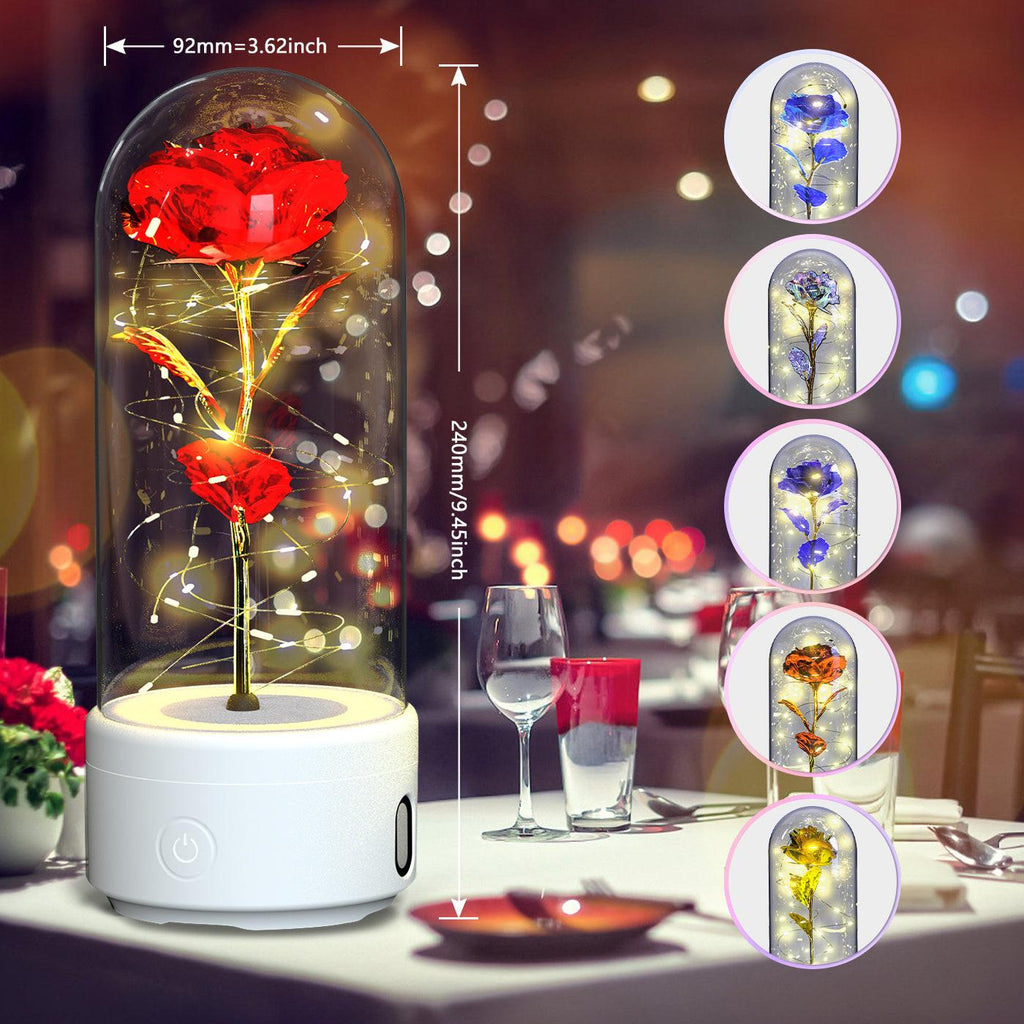 Creative 2 In 1 Rose Flowers LED Light And Bluetooth-compatible Speaker Valentine's Day Gift Rose Luminous Night Light Ornament In Glass Cover.