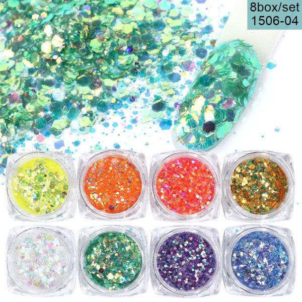 8 Box Mix Glitter Nail Art Powder Flakes Set.