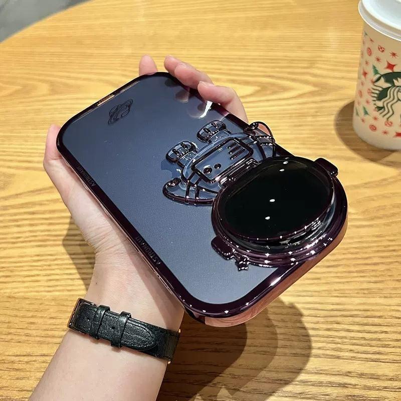 Glitter Astronaut Camera Stand Phone Case For I14 13 12 11 Pro Max XR 14 Plus Invisible Lens Bracket Plating Soft Cover.