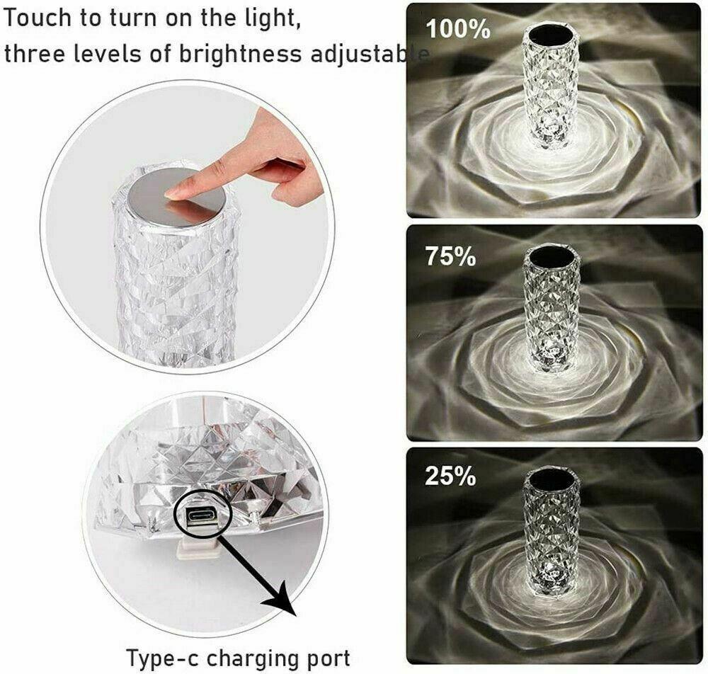 LED Crystal Table Lamp Diamond Rose Night Light Touch Atmosphere &Remote Control.
