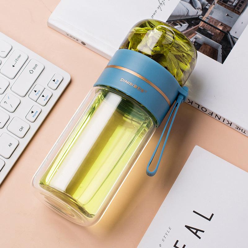 Glass Water Bottle With Tea Infuser Filter Tea Separation Double Wall Glass Bottle Leakproof Water Bottle.