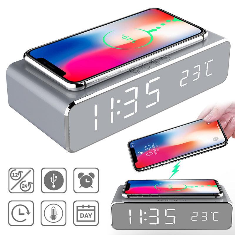 LED Electric Alarm Clock With Wireless Charger Desktop Digital Despertador Thermometer Clock HD Mirror Clock Watch Table Decor.