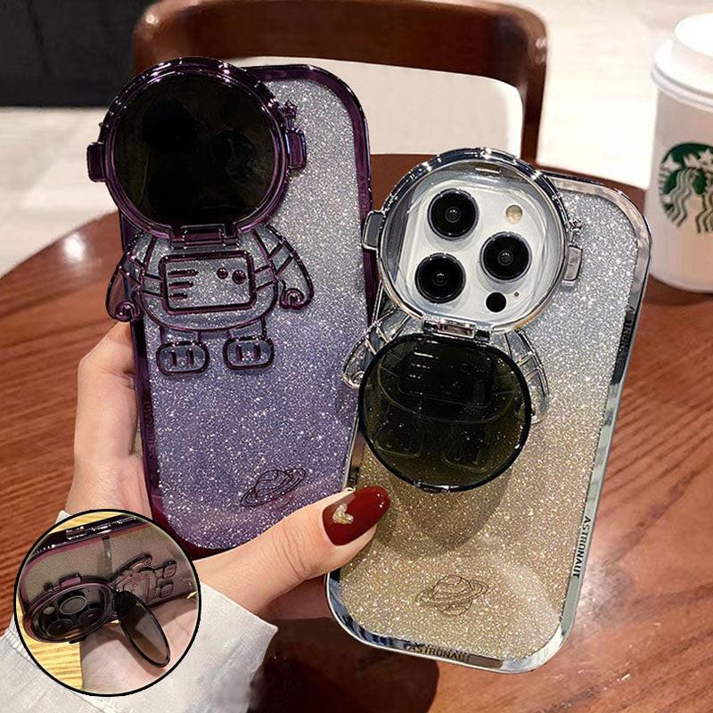 Glitter Astronaut Camera Stand Phone Case For I14 13 12 11 Pro Max XR 14 Plus Invisible Lens Bracket Plating Soft Cover.