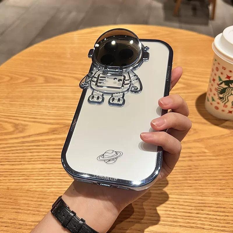 Glitter Astronaut Camera Stand Phone Case For I14 13 12 11 Pro Max XR 14 Plus Invisible Lens Bracket Plating Soft Cover.