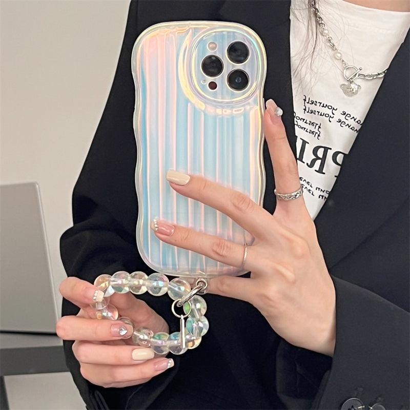 Laser Wave Silicone Phone Case Gradient Laser Stripes Bracelet Case For 14 13 12 11 Pro Max Plus Bead Chain.