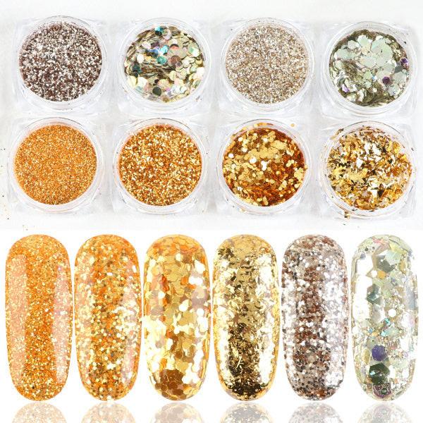 8 Box Mix Glitter Nail Art Powder Flakes Set.