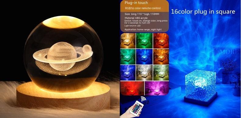 LED Water Ripple Ambient Night Light USB Rotating Projection Crystal Table Lamp RGB Dimmable Home Decoration 16 Color Gifts.