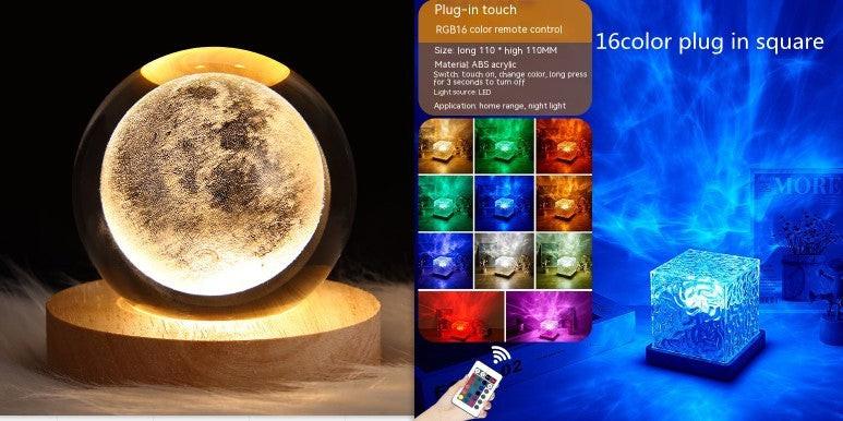 LED Water Ripple Ambient Night Light USB Rotating Projection Crystal Table Lamp RGB Dimmable Home Decoration 16 Color Gifts.