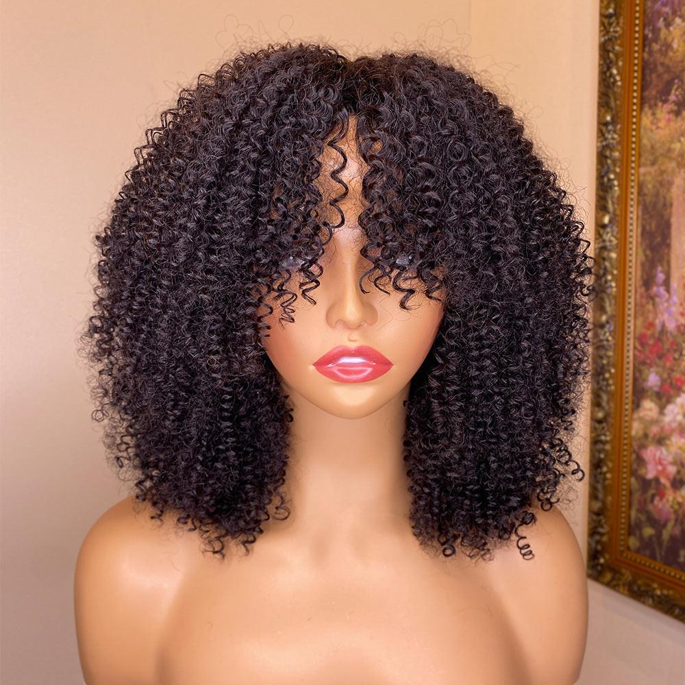 Kinky Curly Human Hair Wigs With Bangs.