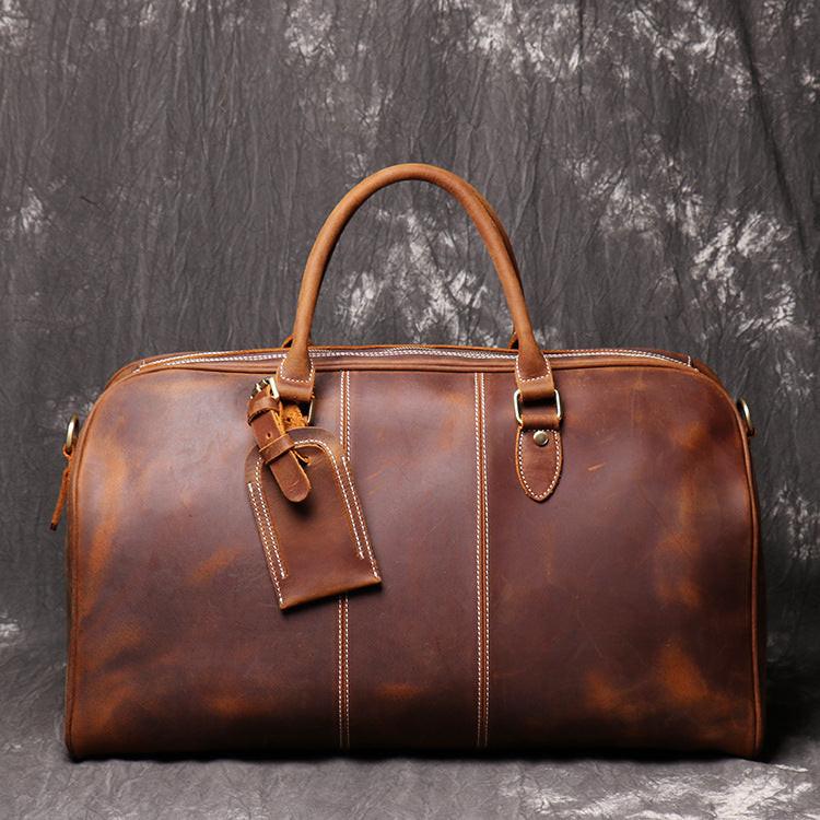Men's Leather Hand Travel One Shoulder Crossbody Duffel Bag.