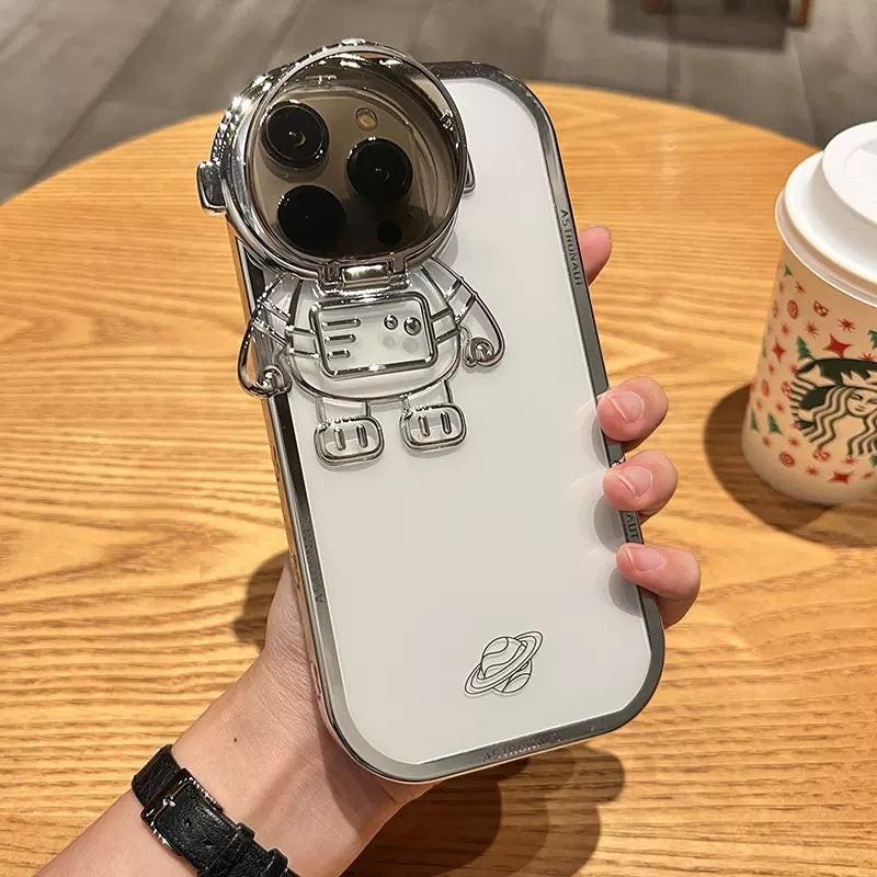 Glitter Astronaut Camera Stand Phone Case For I14 13 12 11 Pro Max XR 14 Plus Invisible Lens Bracket Plating Soft Cover.
