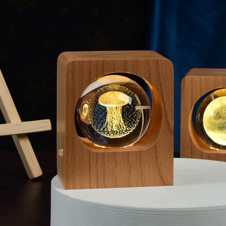 Beech Crystal Ball Night Light 3D Laser Engraving Elk Jellyfish LED Nightlights USB Dimmable Lamp For Bedroom Decoration Gifts Home Decor.