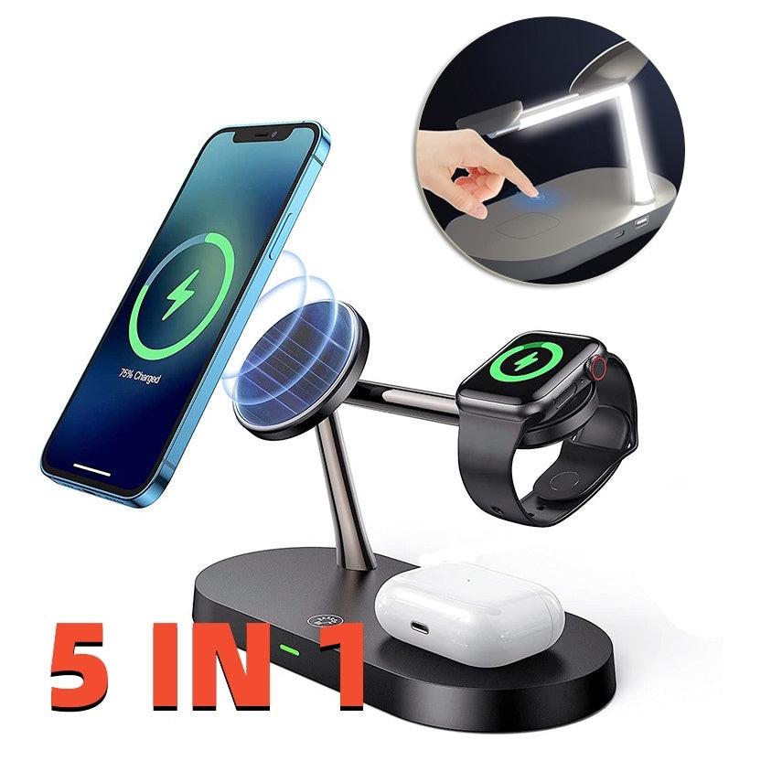 Multifunctional Five-In-One Magnetic Wireless Charging Watch Headset Desktop Mobile Phone Holder Charger 15W Fast Charge.