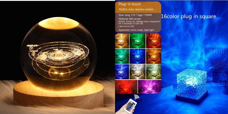 LED Water Ripple Ambient Night Light USB Rotating Projection Crystal Table Lamp RGB Dimmable Home Decoration 16 Color Gifts.