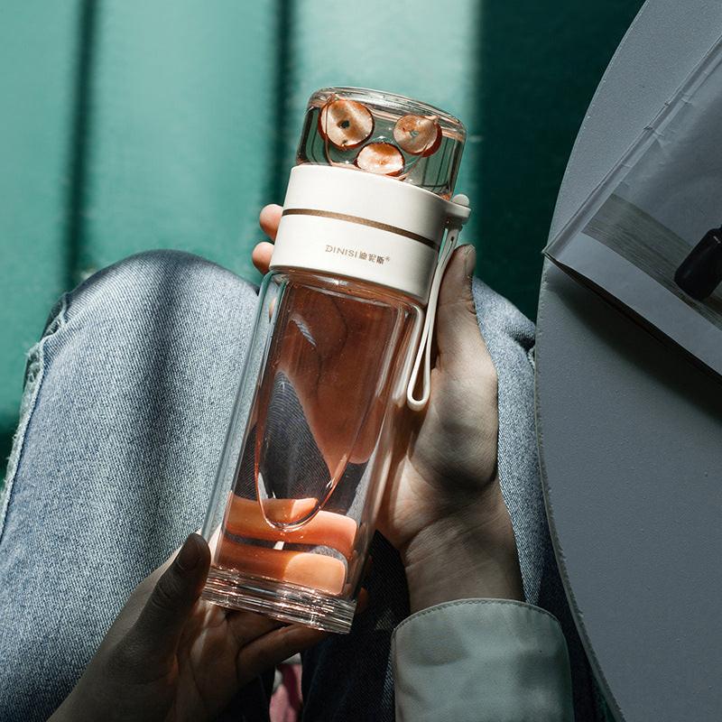 Glass Water Bottle With Tea Infuser Filter Tea Separation Double Wall Glass Bottle Leakproof Water Bottle.