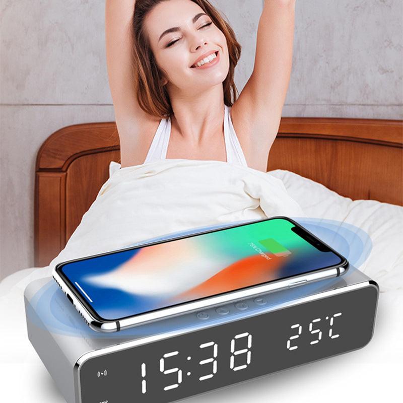 LED Electric Alarm Clock With Wireless Charger Desktop Digital Despertador Thermometer Clock HD Mirror Clock Watch Table Decor.
