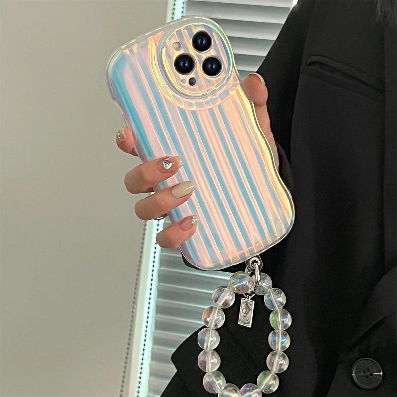 Laser Wave Silicone Phone Case Gradient Laser Stripes Bracelet Case For 14 13 12 11 Pro Max Plus Bead Chain.