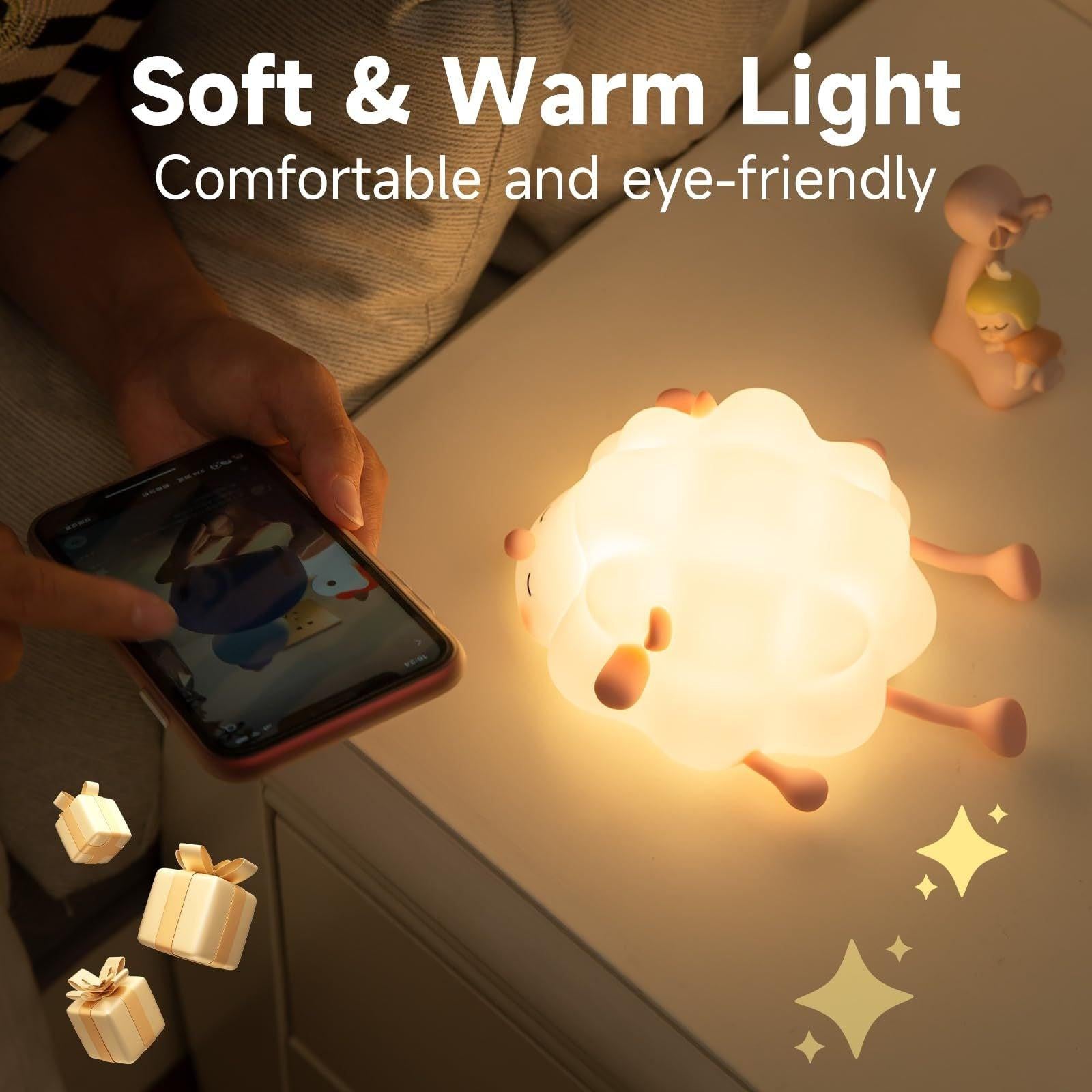 Cute Silicone Night Lights Sheep Cartoon Bedroom Lamp For Children's Room Decor Rechargeable Timing Dimming Sleep Night Light.